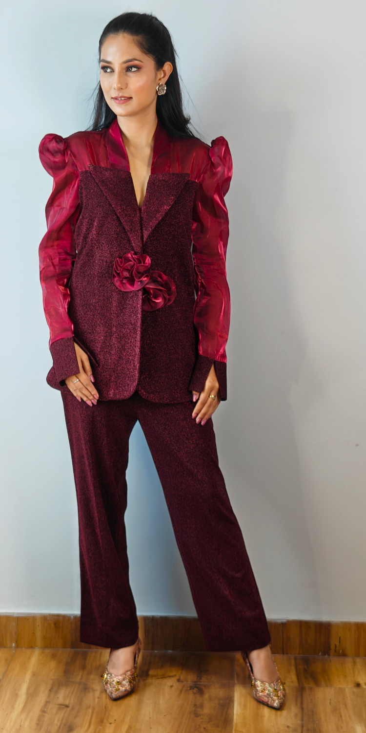 Burgundy Rose Buds Blazer & Pant Co-ord Set