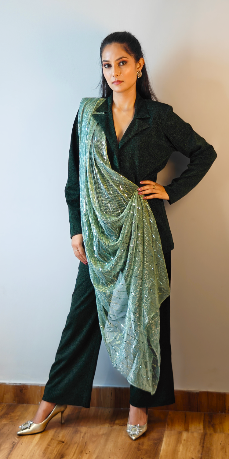 Emerald Luxe Blazer & Trouser Set with Glam Stole
