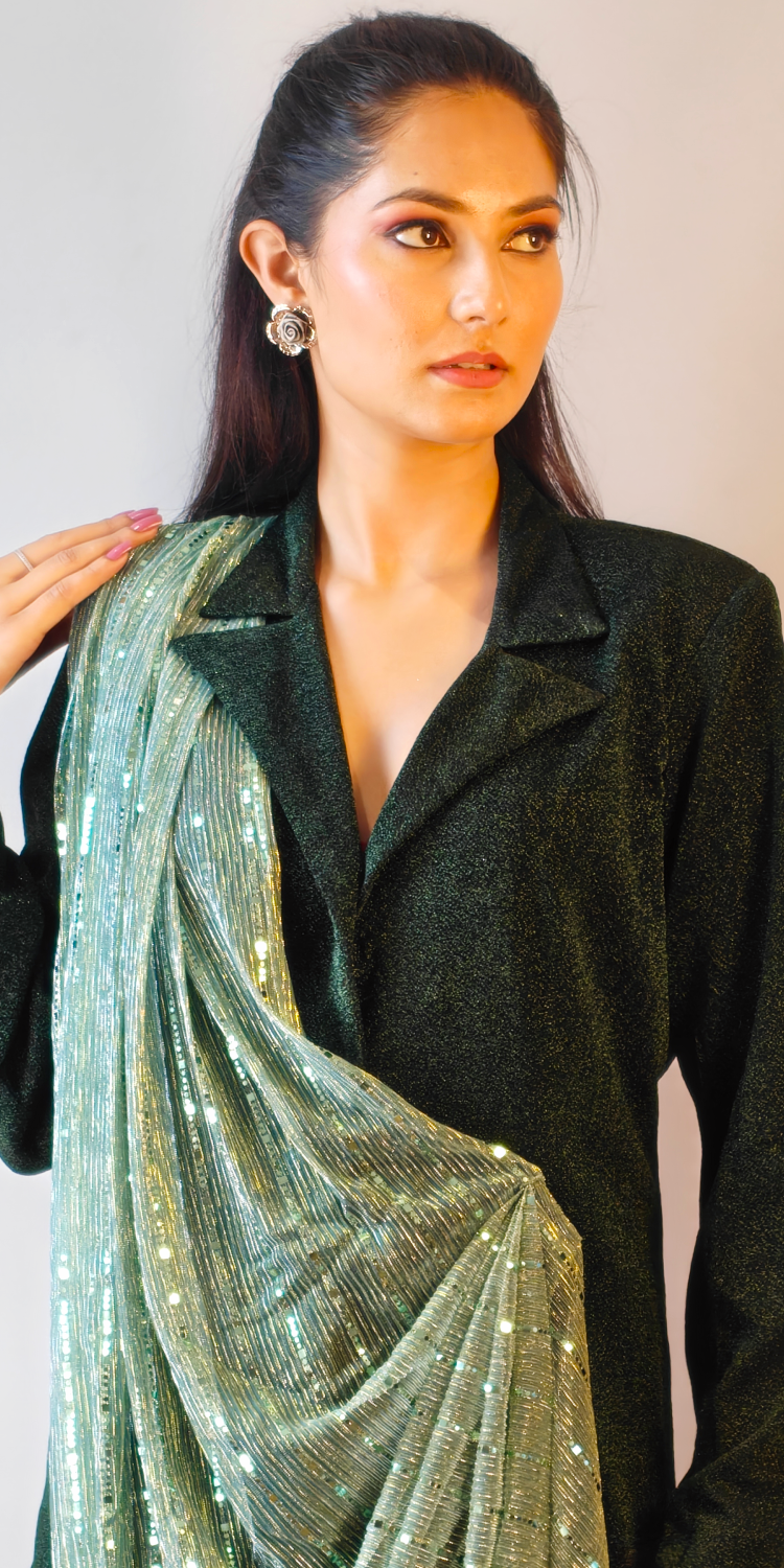 Emerald Luxe Blazer & Trouser Set with Glam Stole