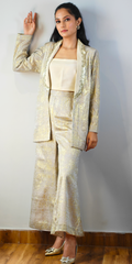Gold Accented Off-White Three-Piece Blazer & Trouser Set