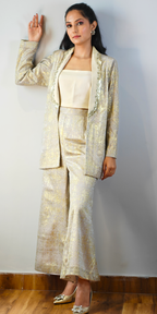 Gold Accented Off-White Three-Piece Blazer & Trouser Set