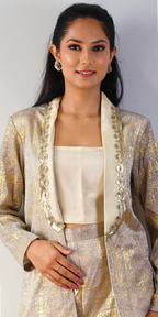 Gold Accented Off-White Three-Piece Blazer & Trouser Set