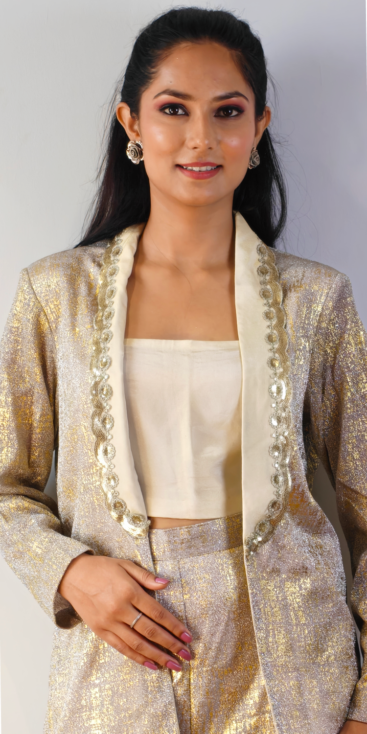 Gold Accented Off-White Three-Piece Blazer & Trouser Set