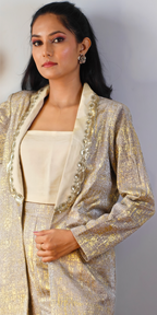 Gold Accented Off-White Three-Piece Blazer & Trouser Set