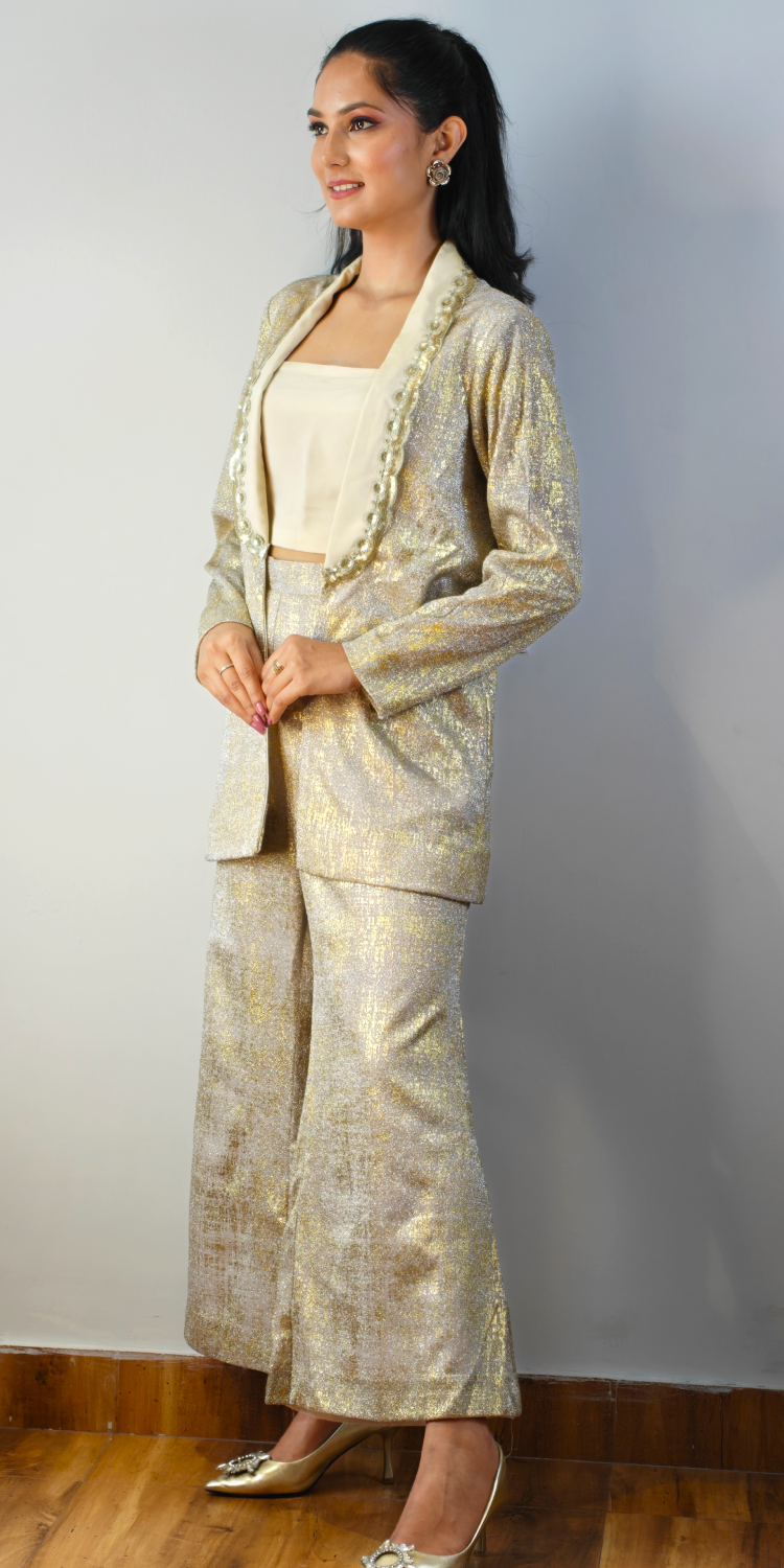 Gold Accented Off-White Three-Piece Blazer & Trouser Set